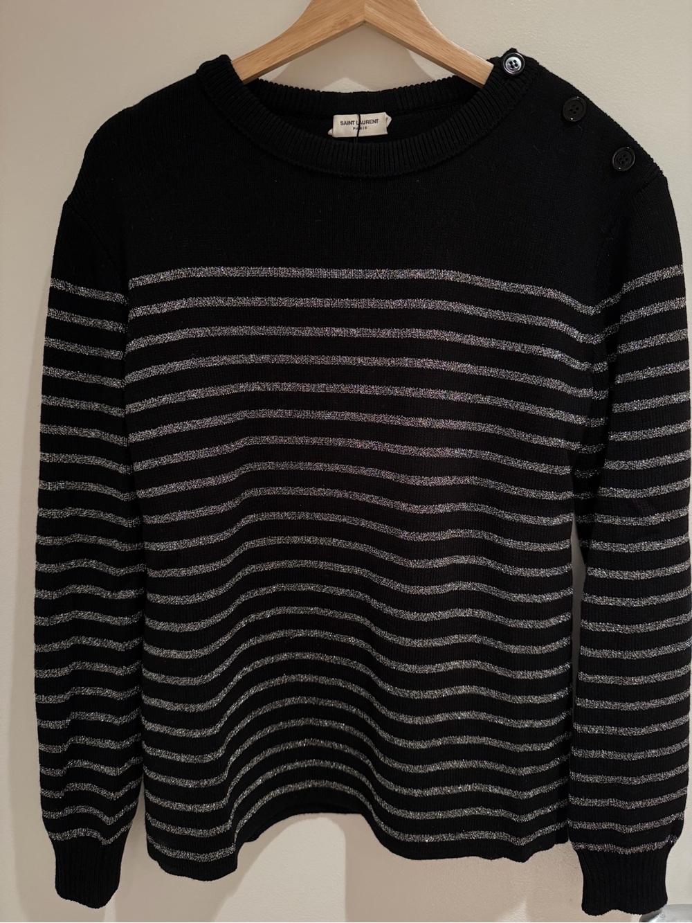 Saint Laurent Men’s Shoulder Button Crewneck Sweater with Silver Stripes Sz L